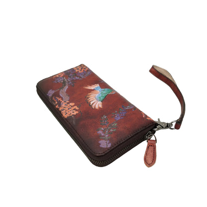 Women's genuine cowhide leather Painting design long wallet with wrist strap