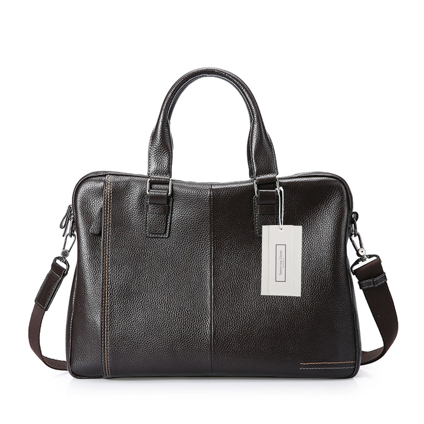 Unisex genuine cowhide leather top handle briefcase seam design by Tomorrow Closet