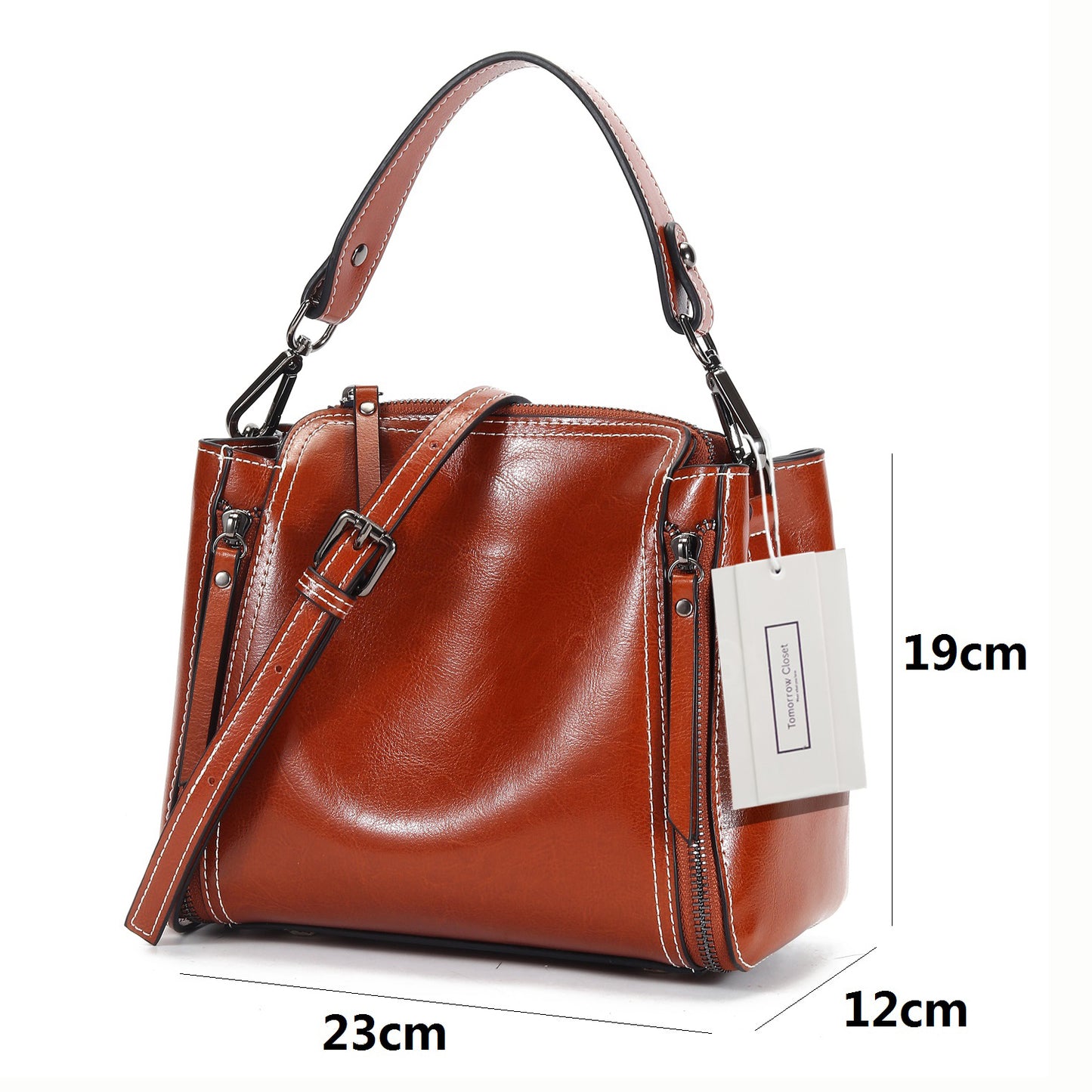 Women's genuine waxed cowhide leather handbag Boling design by Tomorrow Closet