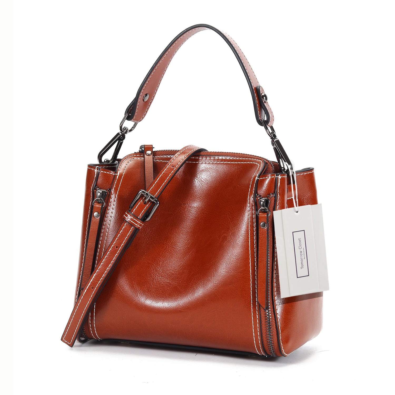 Women's genuine waxed cowhide leather handbag Boling design by Tomorrow Closet