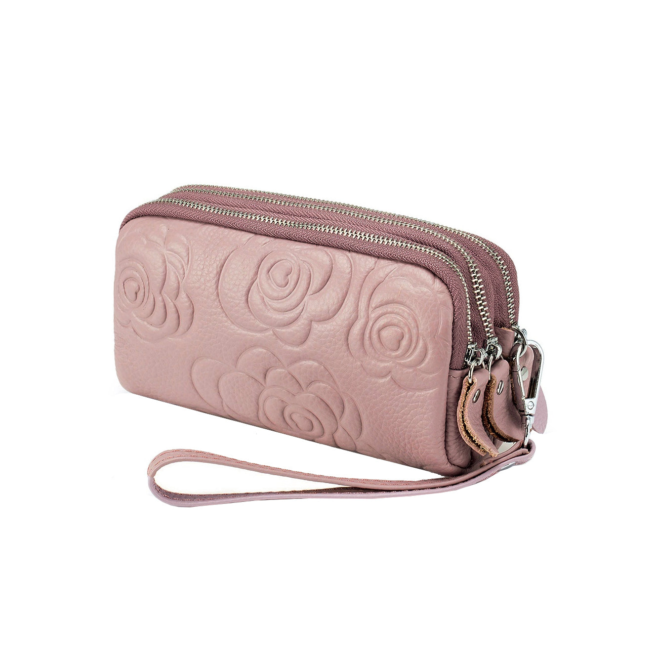 Women's cowhide leather floral pouch with triple zip