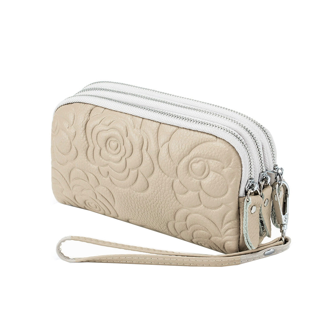 Women's cowhide leather floral pouch with triple zip