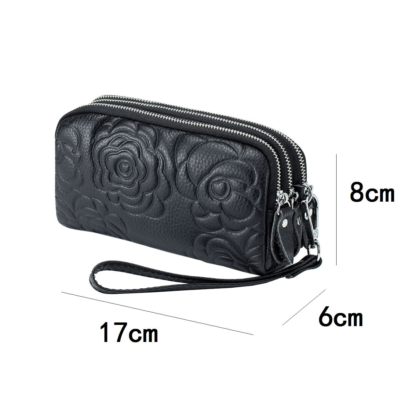 Women's cowhide leather floral pouch with triple zip