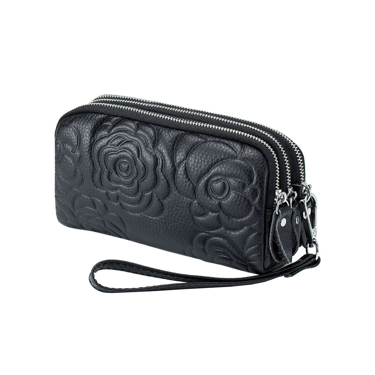 Women's cowhide leather floral pouch with triple zip