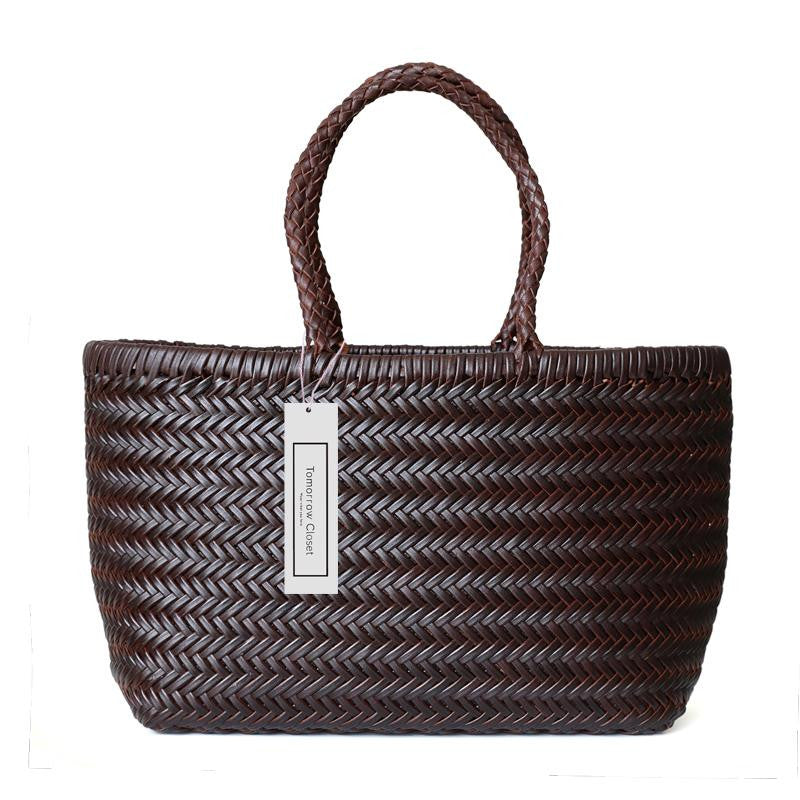 Women's handwoven genuine cowhide leather handbag Top Handle shopping tote by Tomorrow Closet