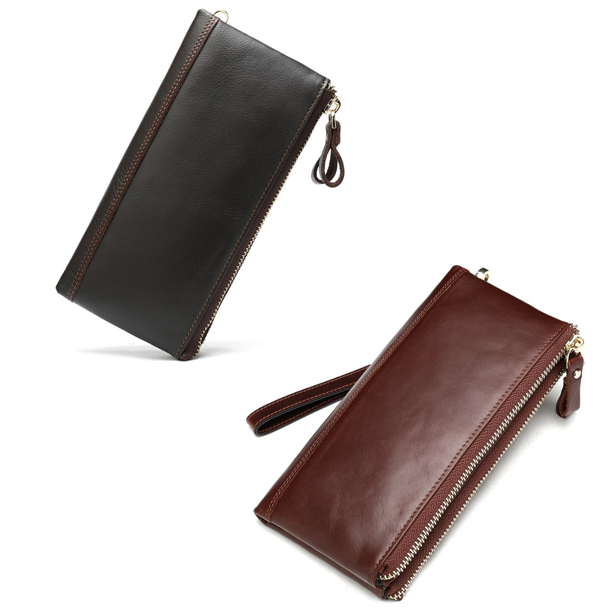 Women's and Men's unisex cowhide leather folded double zip wallet