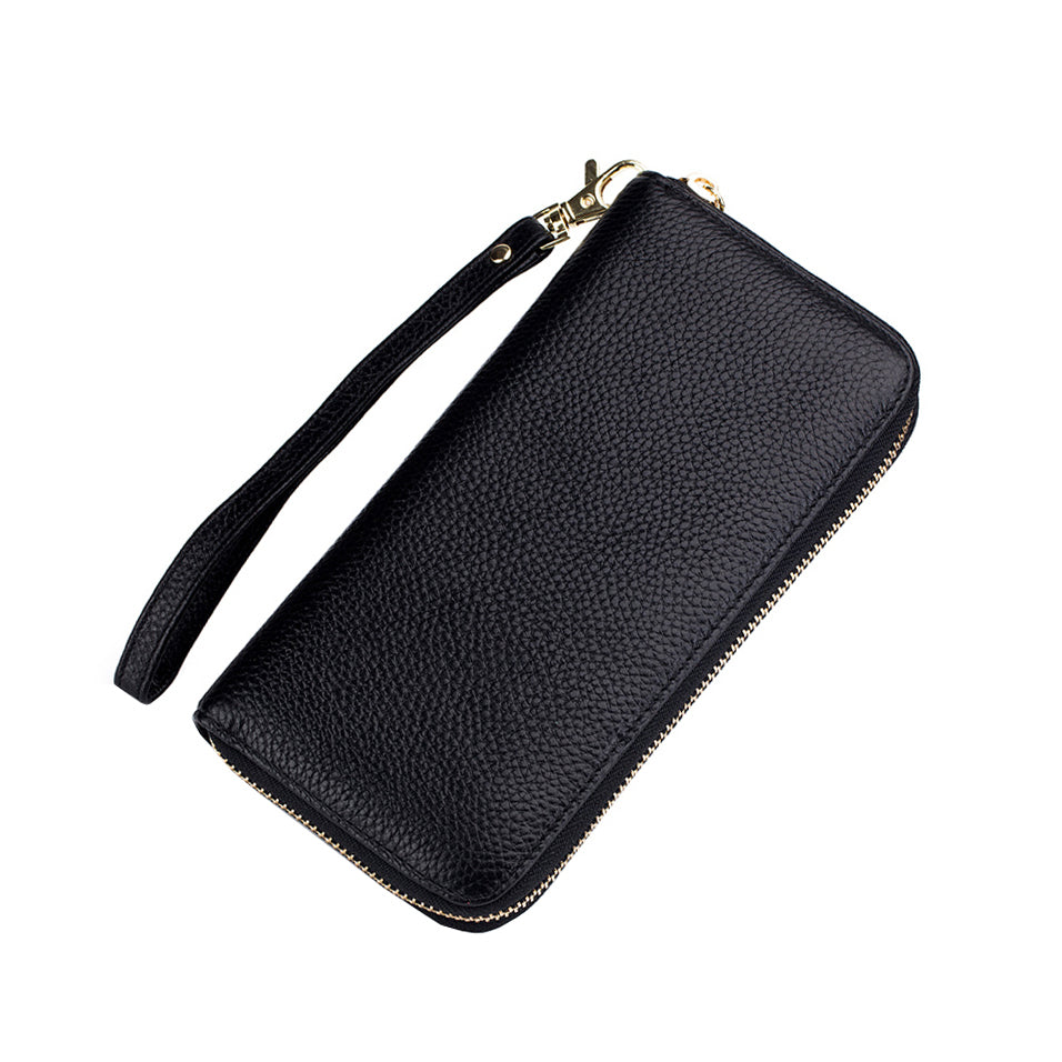 Women's genuine cowhide leather long wallet with tassel and wrist strap