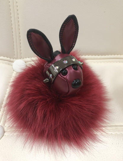 Leather rabbit with fur ball bag charm gold/maroon color by Tomorrow Closet