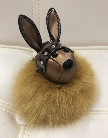 Leather rabbit with fur ball bag charm gold/maroon color by Tomorrow Closet