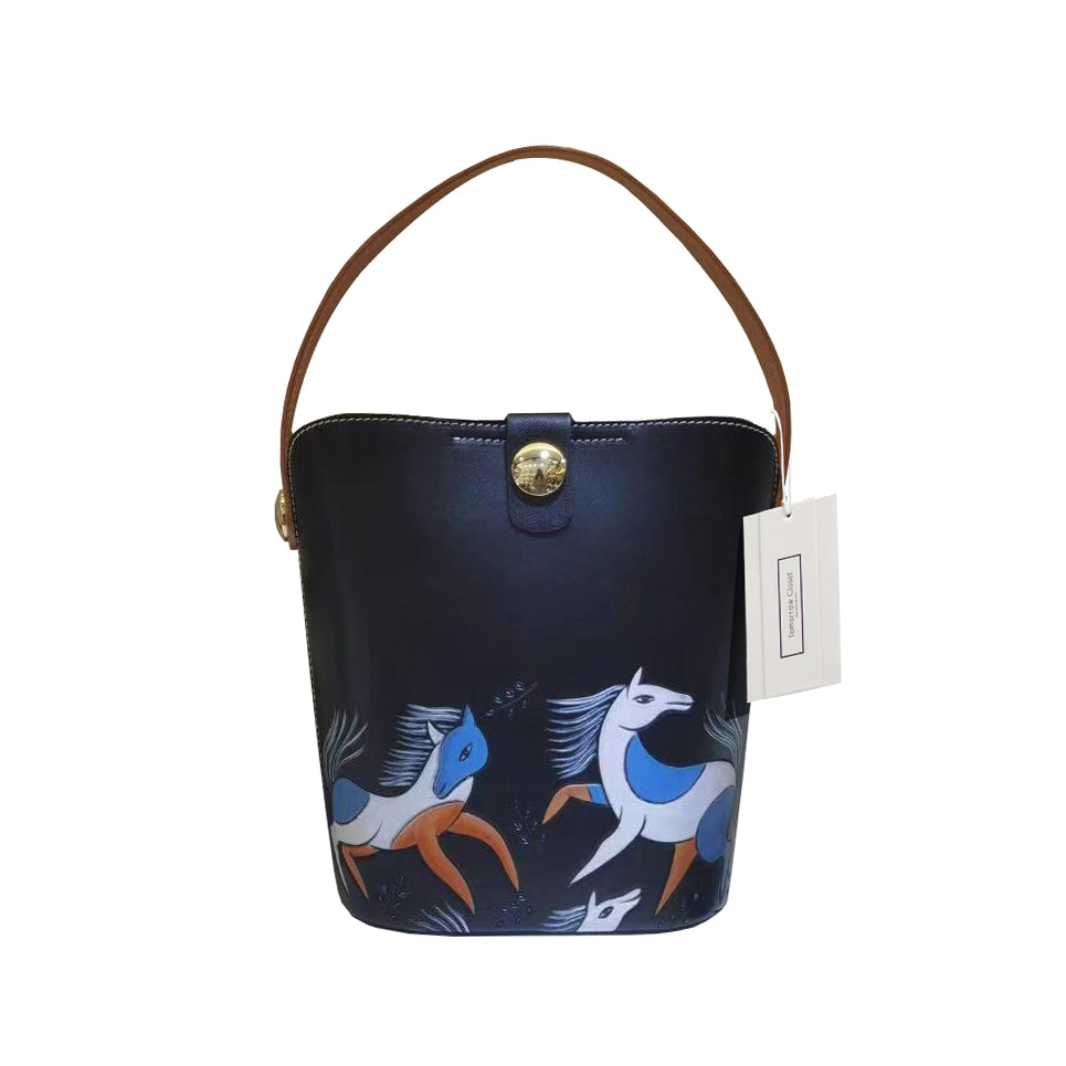 Women's genuine cowhide leather engraved Bucket bag design handbag by Tomorrow Closet