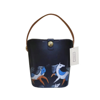 Women's genuine cowhide leather engraved Bucket bag design handbag by Tomorrow Closet