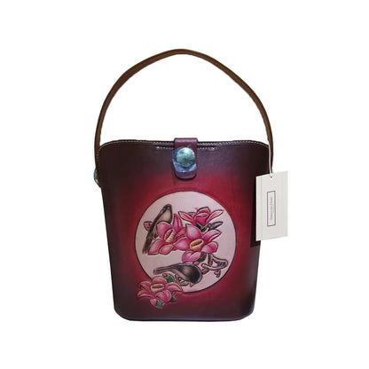 Women's genuine cowhide leather engraved Bucket bag design handbag by Tomorrow Closet